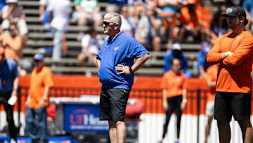 Florida Gators executive head coach and co-defensive coordinator for inside linebackers Ron Roberts looks on at the Orange and Blue spring football game at Steve Spurrier Field at Ben Hill Griffin Stadium in Gainesville, FL on Saturday, April 13, 2024. [Matt Pendleton/Gainesville Sun]