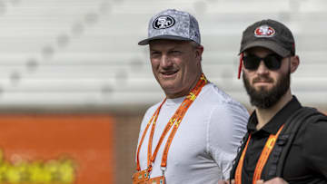 Jan 29, 2025; Mobile, AL, USA; San Francisco 49ers general manager John Lynch watches drills with San Francisco 49ers director of player personnel RJ Gillen during Senior Bowl practice for the American team at Hancock Whitney Stadium. Mandatory Credit: Vasha Hunt-Imagn Images