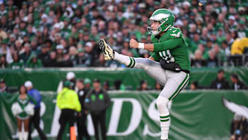 Nov 3, 2024; Philadelphia, Pennsylvania, USA; Philadelphia Eagles punter Braden Mann (10) punts the ball against the Jacksonville Jaguars at Lincoln Financial Field. Mandatory Credit: Eric Hartline-Imagn Images