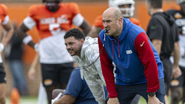 Jan 30, 2025; Mobile, AL, USA; National team head coach Mike Kafka of the New York Giants tracks drills during Senior Bowl practice for the National team at Hancock Whitney Stadium. Mandatory Credit: Vasha Hunt-Imagn Images