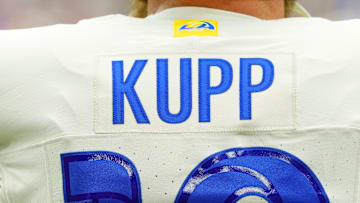 Sep 15, 2024; Glendale, Arizona, USA; The details of the jersey of Los Angeles Rams wide receiver Cooper Kupp (10) before the game against the Arizona Cardinals at State Farm Stadium. Mandatory Credit: Joe Camporeale-Imagn Images