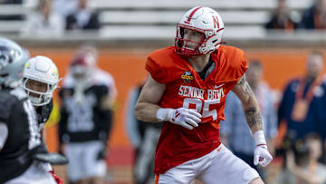 Jan 28, 2025; Mobile, AL, USA; American team tight end Thomas Fidone II of Nebraska (85) runs a route during Senior Bowl practice for the American team at Hancock Whitney Stadium.  