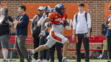 Jan 29, 2025; Mobile, AL, USA;  American team wide receiver Jack Bech of TCU (7) runs after a catch during Senior Bowl practice for the American team at Hancock Whitney Stadium. Mandatory Credit: Vasha Hunt-Imagn Images
