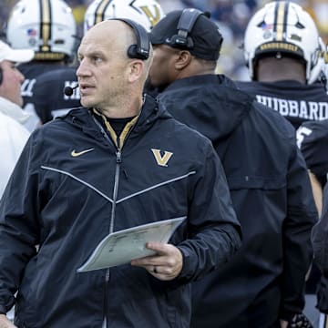 Dec 27, 2024; Birmingham, AL, USA;  Vanderbilt Commodores head coach Clark Lea looks on during a timeout during the first half of the 2024 Birmingham Bowl at Protective Stadium. Mandatory Credit: Vasha Hunt-Imagn Images