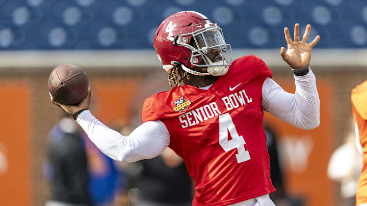 Jan 30, 2025; Mobile, AL, USA; American team quarterback Jalen Milroe of Alabama (4) throws long during Senior Bowl practice for the American team at Hancock Whitney Stadium. Mandatory Credit: Vasha Hunt-Imagn Images