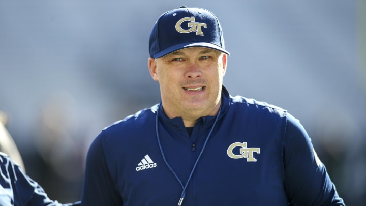 Nov 13, 2021; Atlanta, Georgia, USA; Georgia Tech Yellow Jackets head coach Geoff Collins on the field before a game against the Boston College Eagles at Bobby Dodd Stadium. Mandatory Credit: Brett Davis-USA TODAY Sports