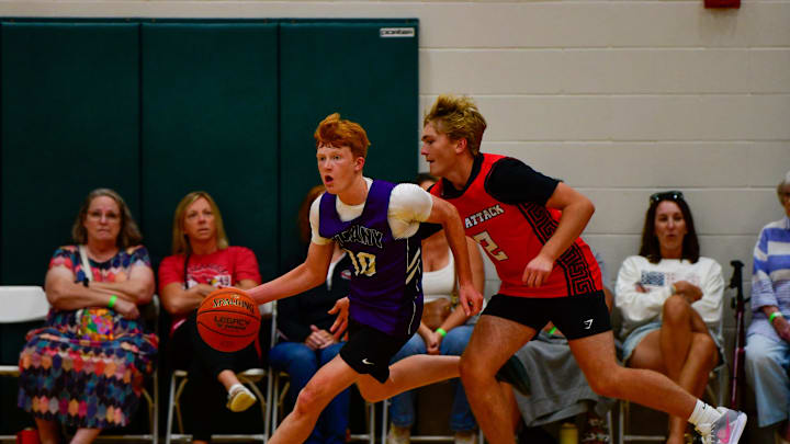 An Albany boys basketball player competes during a Breakdown summer tournament July 13, 2025 at Sauk Rapids Rice High School. An Albany boys basketball player competes during a Breakdown summer tournament July 13, 2025 at Sauk Rapids Rice High School.