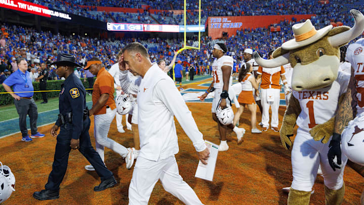 Texas Longhorns head coach Steve Sarkisian walks off the field after a game against the Florida Gators at Ben Hill Griffin Stadium. 