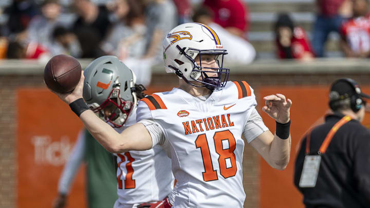 National team quarterback Taylor Elgersma of Laurier (18) warms up before the 2025 Senior Bowl. National team quarterback Taylor Elgersma of Laurier (18) warms up before the 2025 Senior Bowl.