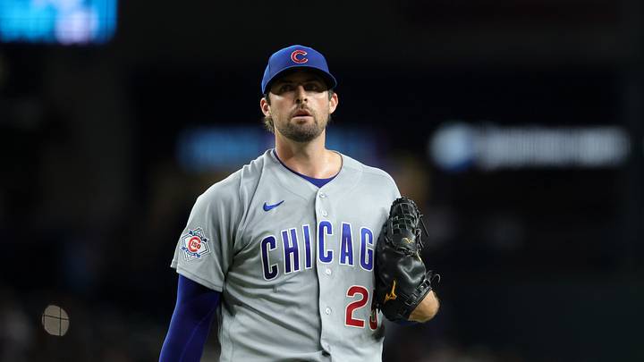 Aug 25, 2026; Phoenix, Arizona, USA; Chicago Cubs pitcher Clay Holmes against the Arizona Diamondbacks at Chase Field. Mandatory Credit: Mark J. Rebilas-Imagn Images