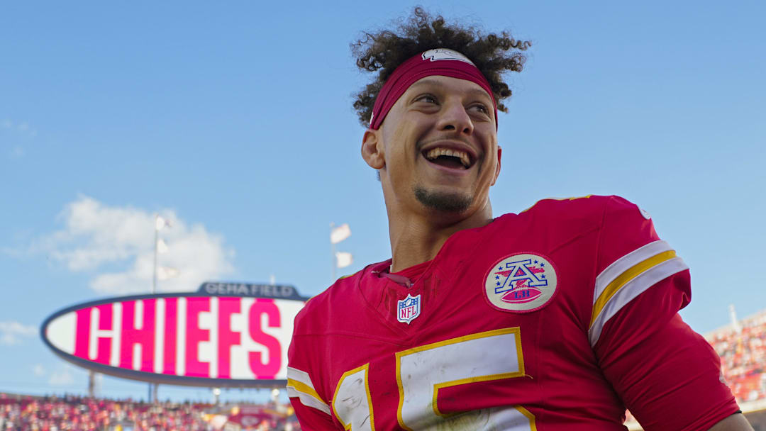 Nov 10, 2024; Kansas City, Missouri, USA; Kansas City Chiefs quarterback Patrick Mahomes (15) celebrates after defeating the Denver Broncos at GEHA Field at Arrowhead Stadium. Mandatory Credit: Jay Biggerstaff-Imagn Images
