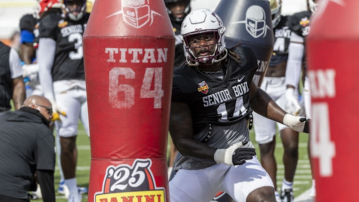 Jan 29, 2025; Mobile, AL, USA; American team defensive lineman Shemar Stewart of Texas A&M (14) works in drills during Senior Bowl practice for the National team at Hancock Whitney Stadium. Mandatory Credit: Vasha Hunt-Imagn Images