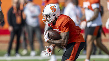 Jan 29, 2025; Mobile, AL, USA; National team running back LeQuint Allen Jr. of Syracuse (24) runs the ball during Senior Bowl practice for the National team at Hancock Whitney Stadium. Mandatory Credit: Vasha Hunt-Imagn Images