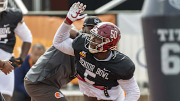 Jan 30, 2025; Mobile, AL, USA; American team linebacker Tim Smith of Alabama (5) works through drills during Senior Bowl practice for the American team at Hancock Whitney Stadium. Mandatory Credit: Vasha Hunt-Imagn Images