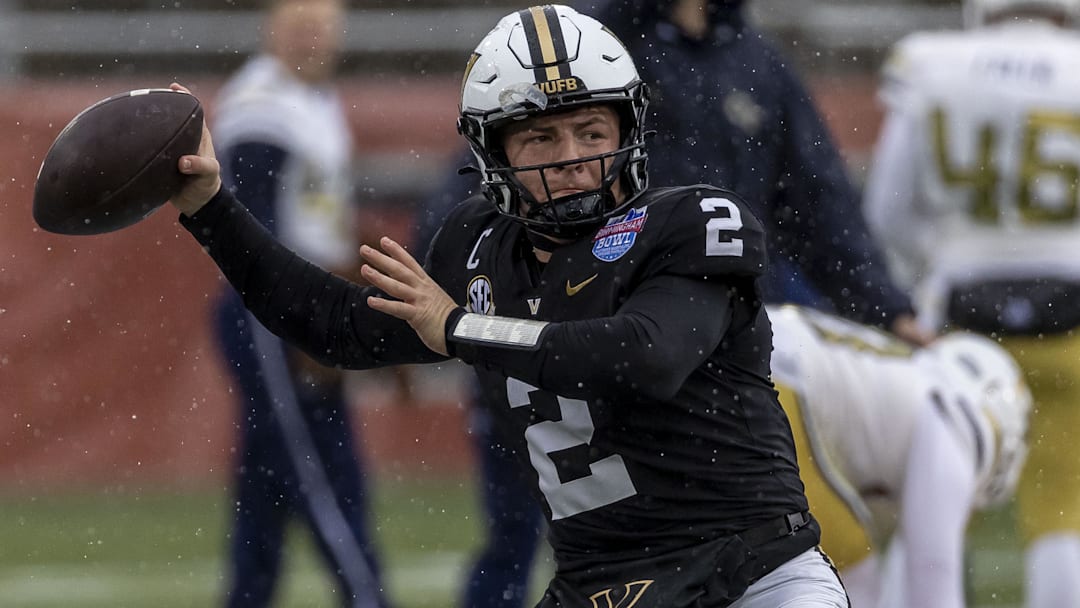 Dec 27, 2024; Birmingham, AL, USA; Vanderbilt Commodores quarterback Diego Pavia (2) warms up before the 2024 Birmingham Bowl at Protective Stadium