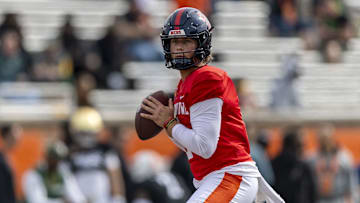 Jan 28, 2025; Mobile, AL, USA; American team quarterback Jaxson Dart of Ole Miss (2) looks to throw during Senior Bowl practice for the American team at Hancock Whitney Stadium. Mandatory Credit: Vasha Hunt-Imagn Images