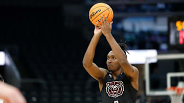 Missouri State junior Chance Moore (0) puts up a shot during a Missouri Valley Conference Tournament game between Missouri State and Murray State, Thursday, March 7, 2024, at Enterprise Center in St. Louis.