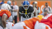 American team defensive back Maxwell Hairston of Kentucky approaches the line during Senior Bowl practice for the American team at Hancock Whitney Stadium. 