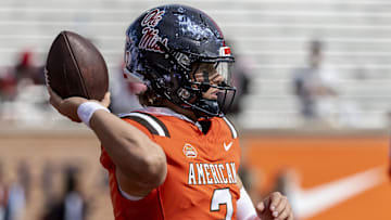 Feb 1, 2025; Mobile, AL, USA; American team quarterback Jaxson Dart of Ole Miss (2) warms up before the 2025 Senior Bowl football game against the National Team  at Hancock Whitney Stadium. Mandatory Credit: Vasha Hunt-Imagn Images