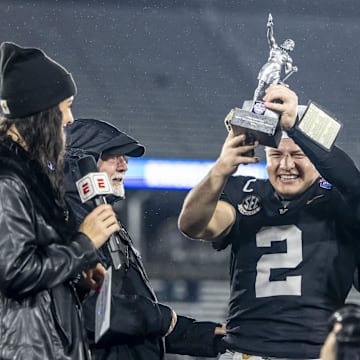Diego Pavia celebrates Vanderbilt's Birmingham Bowl win.