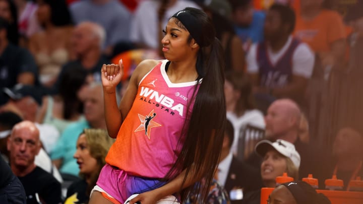 Jul 20, 2024; Phoenix, AZ, USA; Chicago Sky player Angel Reese during the WNBA All Star Game at Footprint Center. Mandatory Credit: Mark J. Rebilas-USA TODAY Sports