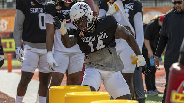 American team defensive lineman Shemar Stewart of Texas A&M (14).