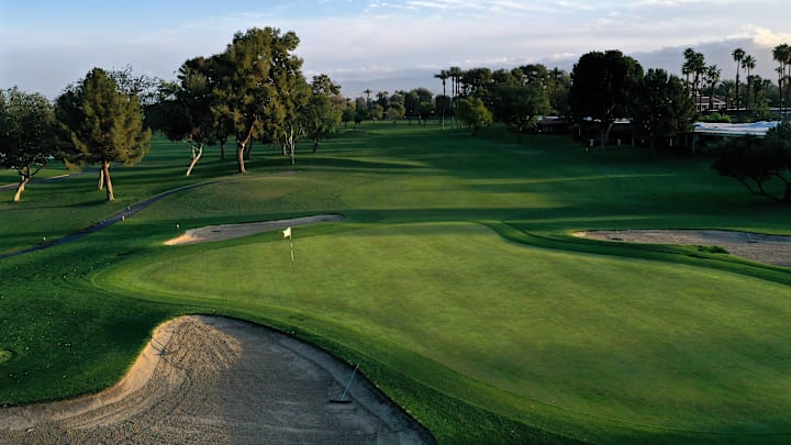 View of the second green at The Springs' private 18-hole golf course in Rancho Mirage, California