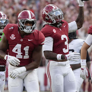 Oct 4, 2025; Tuscaloosa, Alabama, USA;  Alabama defensive back Keon Sabb (3) celebrates his interception with teammates Alabama linebacker Nikhai Hill-Green (41) and Alabama defensive back Bray Hubbard (18) at Saban Field at Bryant-Denny Stadium. Alabama downed Vanderbilt 30-14. Mandatory Credit: Gary Cosby Jr.-Imagn Images