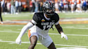 Jan 29, 2025; Mobile, AL, USA; American team linebacker Demetrius Knight II of South Carolina (17) works in drills during Senior Bowl practice for the National team at Hancock Whitney Stadium. Mandatory Credit: Vasha Hunt-Imagn Images