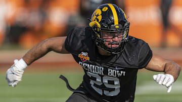 Jan 29, 2025; Mobile, AL, USA; National team defensive back Sebastian Castro of Iowa (29) does a defensive drill during Senior Bowl practice for the National team at Hancock Whitney Stadium. Mandatory Credit: Vasha Hunt-Imagn Images