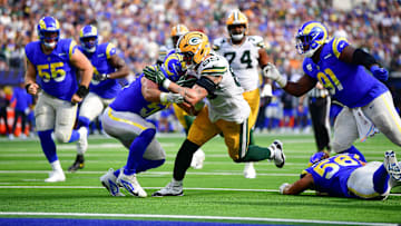 Oct 6, 2024; Inglewood, California, USA; Green Bay Packers tight end Tucker Kraft (85) is stopped short of the goal line against the Los Angeles Rams during the second half at SoFi Stadium. Mandatory Credit: Gary A. Vasquez-Imagn Images