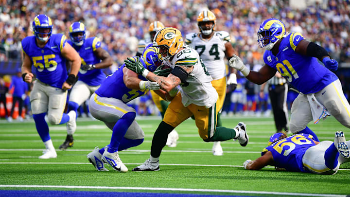 Oct 6, 2024; Inglewood, California, USA; Green Bay Packers tight end Tucker Kraft (85) is stopped short of the goal line against the Los Angeles Rams during the second half at SoFi Stadium. Mandatory Credit: Gary A. Vasquez-Imagn Images