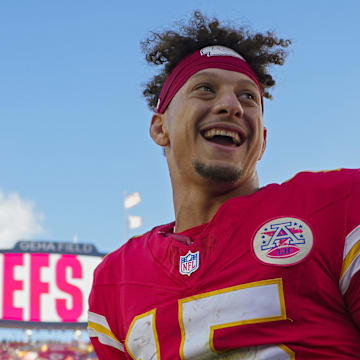 Nov 10, 2024; Kansas City, Missouri, USA; Kansas City Chiefs quarterback Patrick Mahomes (15) celebrates after defeating the Denver Broncos at GEHA Field at Arrowhead Stadium. Mandatory Credit: Jay Biggerstaff-Imagn Images