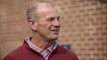 Jan 28, 2025; Mobile, AL, USA; Alabama football head coach Kalen DeBoer visits the field during Senior Bowl practice for the American team at Hancock Whitney Stadium. Mandatory Credit: Vasha Hunt-Imagn Images