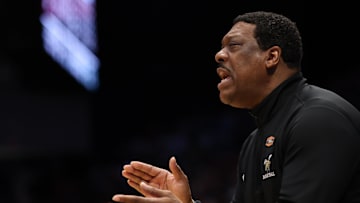 Mar 18, 2025; Dayton, OH, USA; Alabama State Hornets head coach Tony Madlock reacts in the second half against the St. Francis (Pa) Red Flash at UD Arena.