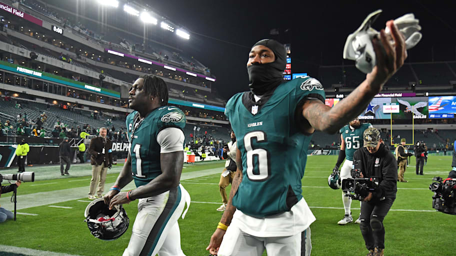 Philadelphia Eagles wide receivers A.J. Brown and DeVonta Smith walk off the field after win against the Pittsburgh Steelers.