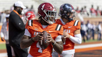 Feb 1, 2025; Mobile, AL, USA; American team quarterback Jalen Milroe of Alabama (4) warms up before the 2025 Senior Bowl against the National Team football game at Hancock Whitney Stadium. Mandatory Credit: Vasha Hunt-Imagn Images