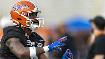 American team linebacker Shemar James of Florida works through drills during Senior Bowl practice for the American team at Hancock Whitney Stadium. 
