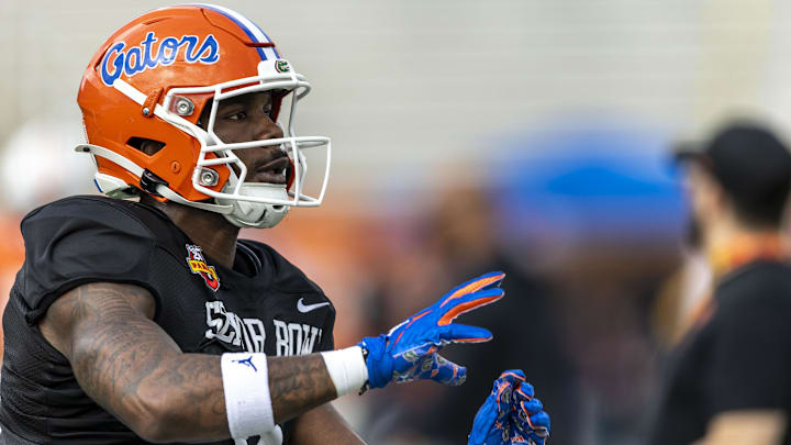American team linebacker Shemar James of Florida works through drills during Senior Bowl practice for the American team at Hancock Whitney Stadium. American team linebacker Shemar James of Florida works through drills during Senior Bowl practice for the American team at Hancock Whitney Stadium.