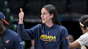 Aug 1, 2025; Dallas, Texas, USA; Indiana Fever guard Caitlin Clark (22) during the game between the Dallas Wings and the Indiana Fever at the American Airlines Center. Mandatory Credit: Jerome Miron-Imagn Images