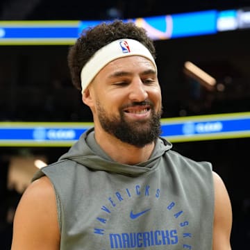 Dec 15, 2024; San Francisco, California, USA; Dallas Mavericks guard Klay Thompson (31) reacts as fans cheer before the game against the Golden State Warriors at Chase Center. Mandatory Credit: Darren Yamashita-Imagn Images
