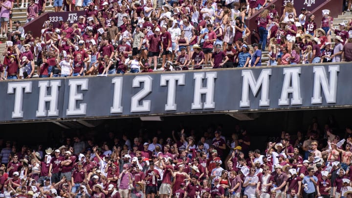 Sep 18, 2021; College Station, Texas, USA; A view of the fans and students and the 12th man logo sign during the game between the Texas A&M Aggies and the New Mexico Lobos at Kyle Field.