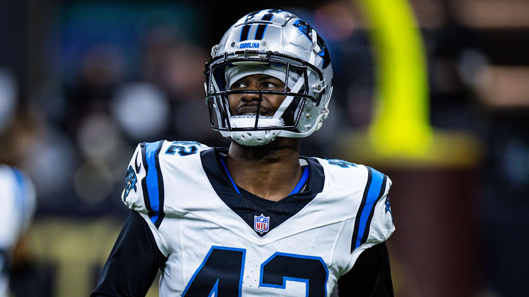 Dec 10, 2023; New Orleans, Louisiana, USA; Carolina Panthers safety Sam Franklin Jr. (42) looks on against the New Orleans Saints during the second half at the Caesars Superdome. Mandatory Credit: Stephen Lew-Imagn Images