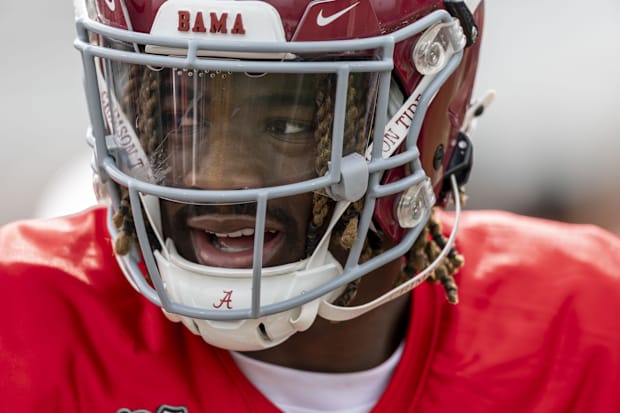 American team quarterback Jalen Milroe of Alabama (4) calls cadence