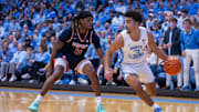 Nov 11, 2025; Chapel Hill, North Carolina, USA; Radford Highlanders guard Jr. Dennis Parker (11) presses North Carolina Tar Heels guard Derek Dixon (3) in the first half at Dean E. Smith Center. 