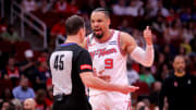 Apr 9, 2024; Houston, Texas, USA; Houston Rockets forward Dillon Brooks (9) talks with referee Brian Forte (45)during the third quarter against the Orlando Magic at Toyota Center. Mandatory Credit: Erik Williams-USA TODAY Sports