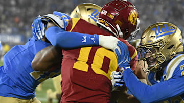 The player is a defensive back for the UCLA Bruins. Mandatory Credit: Robert Hanashiro-Imagn Images