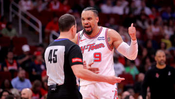 Apr 9, 2024; Houston, Texas, USA; Houston Rockets forward Dillon Brooks (9) talks with referee Brian Forte (45)during the third quarter against the Orlando Magic at Toyota Center. Mandatory Credit: Erik Williams-USA TODAY Sports