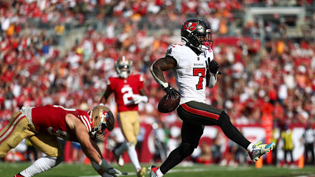 Tampa Bay Buccaneers running back Bucky Irving scores a touchdown against the San Francisco 49ers. 