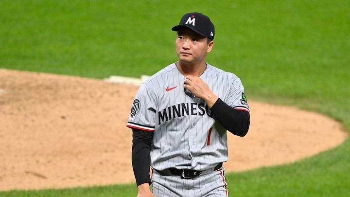 Jul 20, 2026; Cleveland, Ohio, USA; Minnesota Twins relief pitcher Woo-Suk Go (1) walks to the dugout after the seventh inning against the Cleveland Guardians at Progressive Field. Mandatory Credit: David Richard-Imagn Images